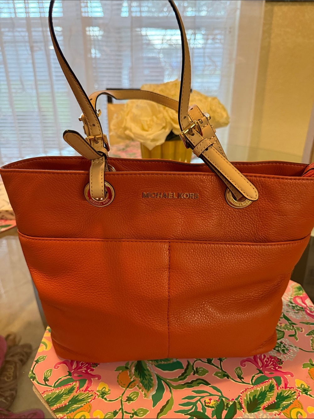 Michael Kors Orange Leather Tote with Cream Handles